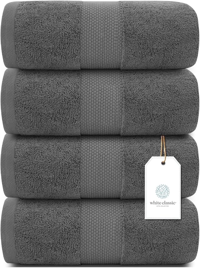 Luxury White Bath Towels Large - 100% Soft Cotton 700 GSM | Absorbent Hotel Bathroom Towel | 27 inch X 54 inch | Set of 4 | Gray