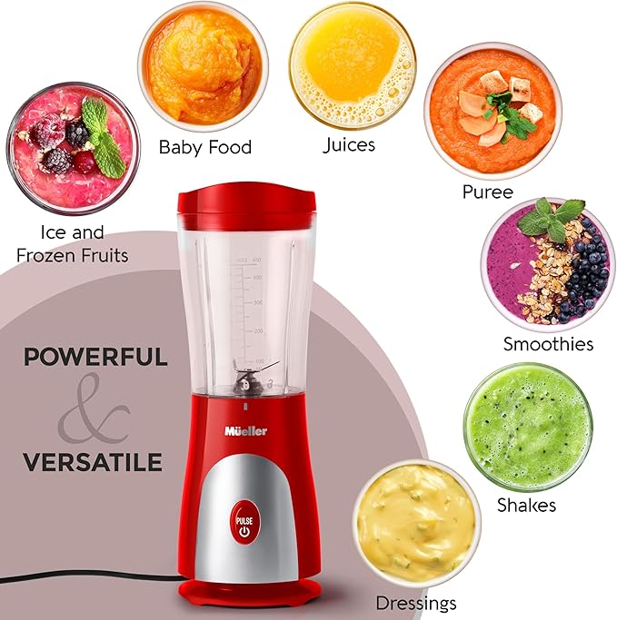 Mueller Smoothie Blender for Smoothies - Personal Blender for Shakes, Frozen Drinks, Baby Food & More, 15oz Travel Cup and Lid, Durable Stainless Steel Blades for Powerful Blending Performance, Red