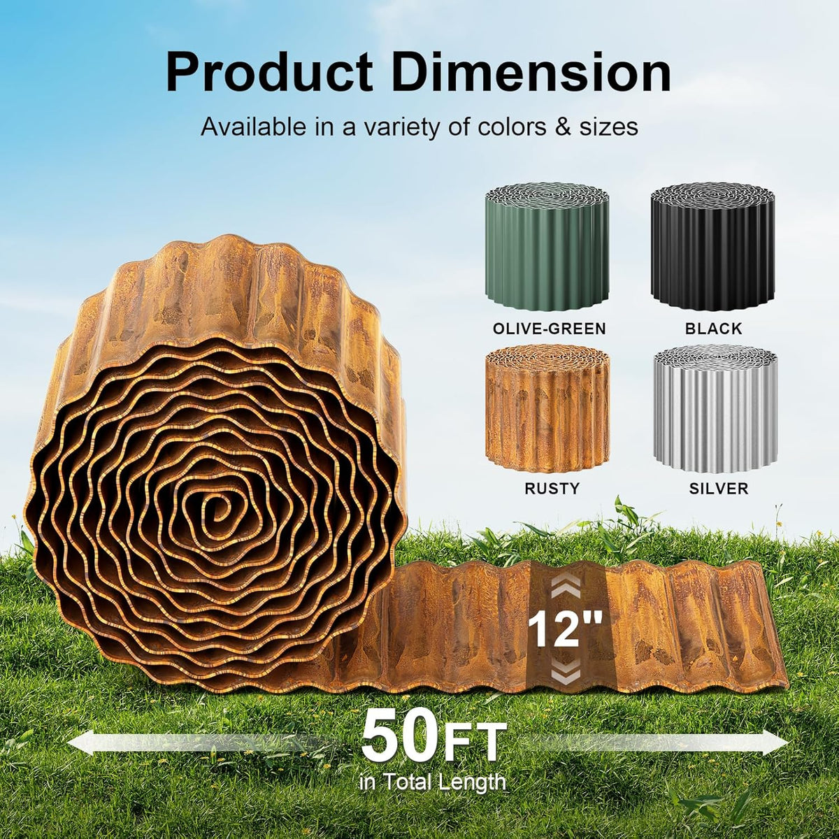 Land Guard Corrugated Garden Edging Border, 12" x 50' Landscape Paver Edging, Tall Landscape Edging, Fence for Garden, Flower Bed, Lawn and Landscape Edging (Rusty)