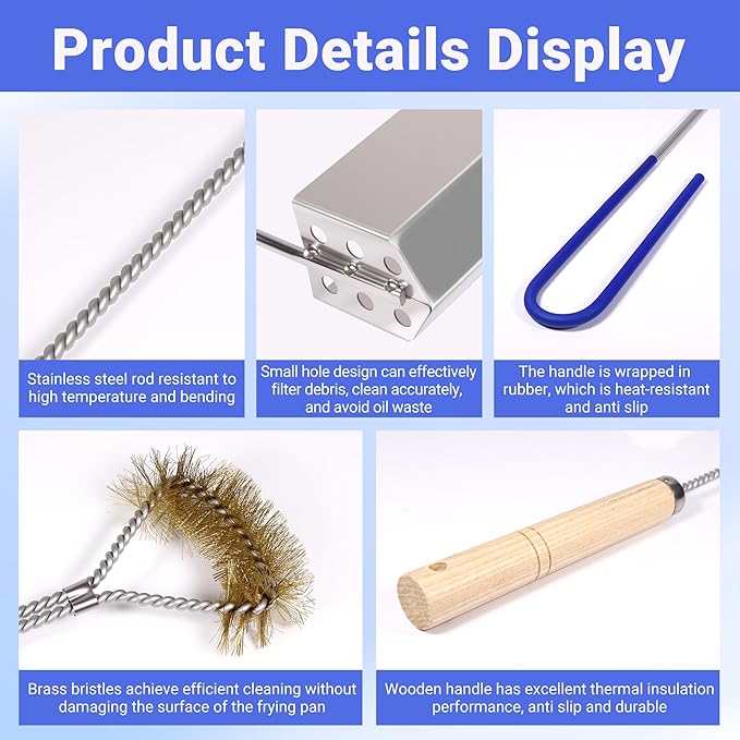 4 PCS Fryer Cleaning Tools with Deep Fryer Brass L-Shaped Brush, Deep Fryer Crumb Scoop, Deep Fryer Cleanout Rod, Long Handle Deep Basket Brush for Restaurants, Air Fryers, Deep Fat Fryers
