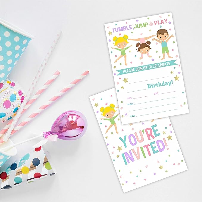 Gymnastics Birthday Party Invitation, Tumble Jump & Play Invite Cards（20 Count) With Envelopes, Fill In Style Invite Cards For Boys, Girls, Kids, Birthday Party Supplies-A46
