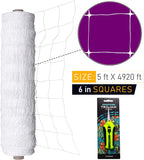 COMMON CULTURE Professional Grade Trellis Netting Bulk Roll, 5 x 4920 ft (60" x 4920' | 1.52m x 1500m), 6' (15 cm) Squares Heavy Duty Scrog Net with Scissors