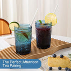 Vintage Glassware Drinking Glasses Set of 6,13 oz Blue Textured Flower Design Glass Water Tumblers，Embossed Striped Drinkware for Water,Cocktails,Juice,Iced Coffee