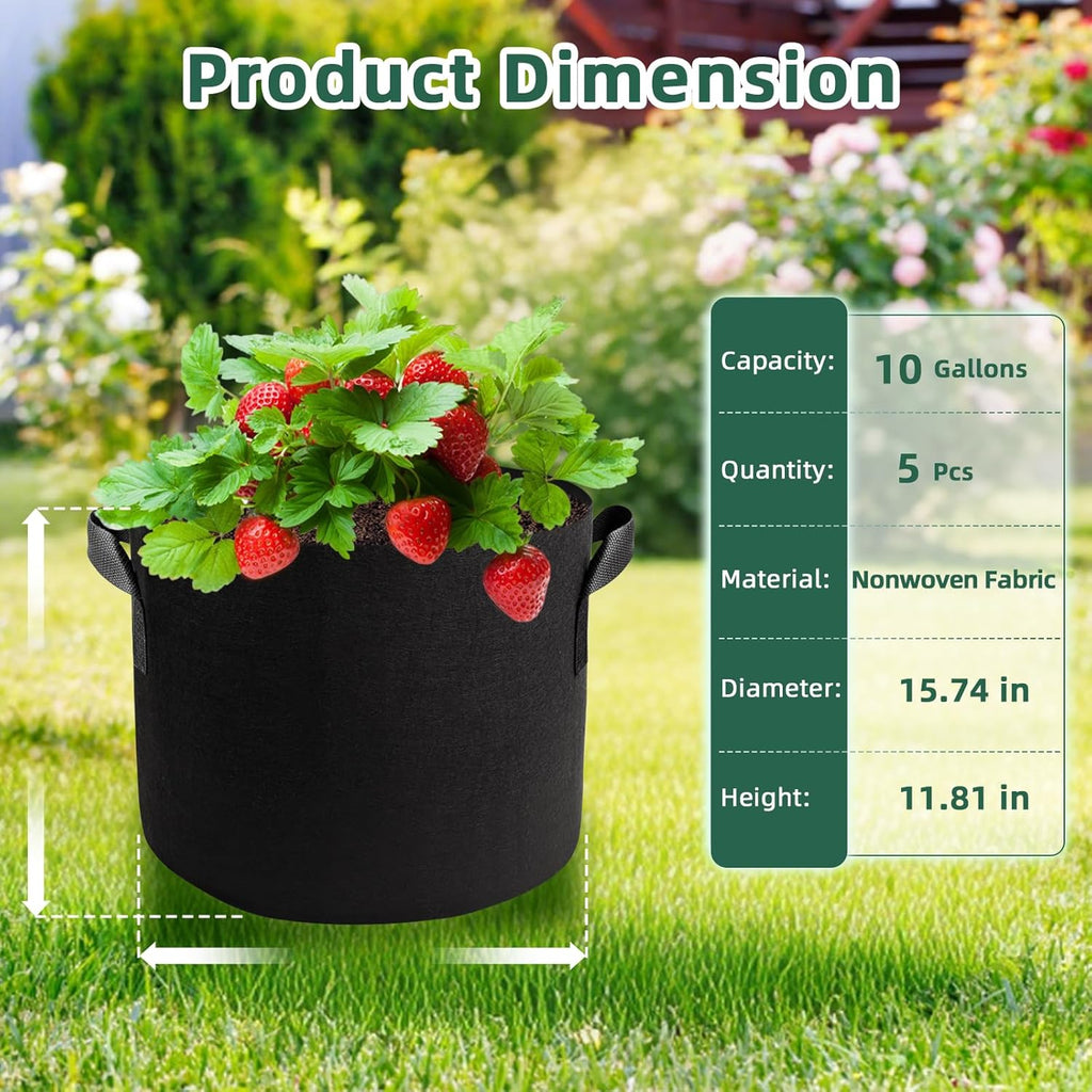 5 Pack 10 Gallon Thickened Grow Bags, Aeration Nonwoven Fabric Planting Bags with Handles, Heavy Duty 300G Garden Planter Pot for Tomato, Potato, Strawberry, Vegetable, Fruits and Flowers