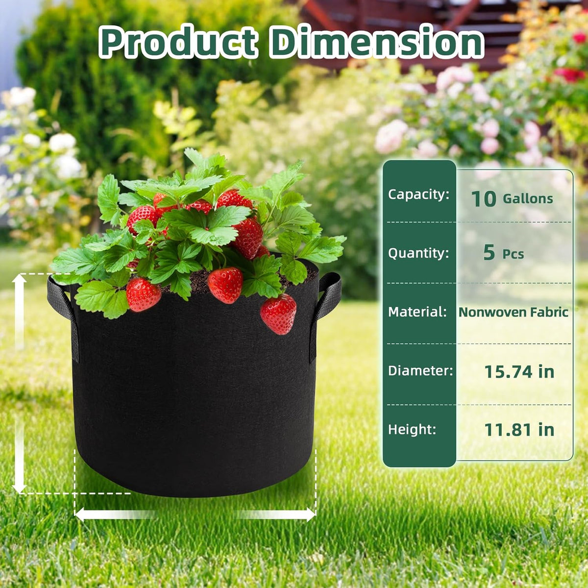 5 Pack 10 Gallon Thickened Grow Bags, Aeration Nonwoven Fabric Planting Bags with Handles, Heavy Duty 300G Garden Planter Pot for Tomato, Potato, Strawberry, Vegetable, Fruits and Flowers