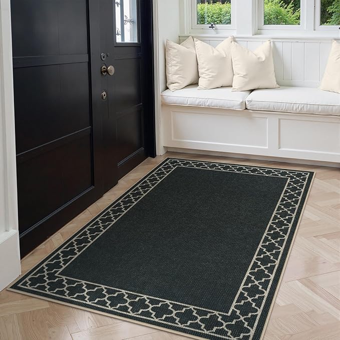 OJIA Easy Jute Front Door Mats Black Outdoor Rug 3x5, Washable Entryway Rug Indoor Doormat Bordered Indoor Outdoor Rugs Non-Slip Entry Rugs Farmhouse Area Rug for Porch Kitchen Living Room