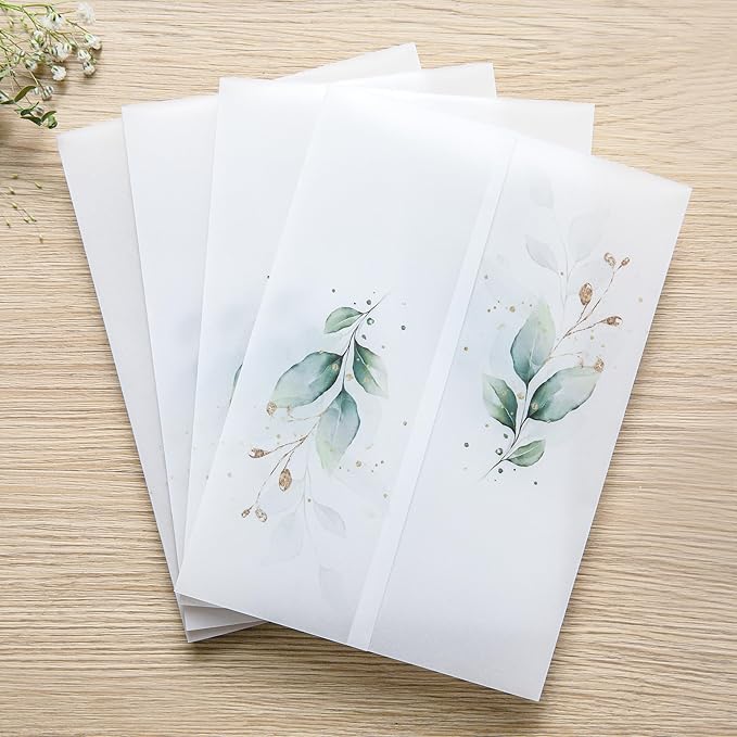 PONATIA 50PCS Vellum Jackets for 5x7 Invitation Cards - 135GSM Green Leaves Vellum Sleeves, 5x7'' Clear Jackets Wedding Invitations Wraps - Transparent Card Jackets