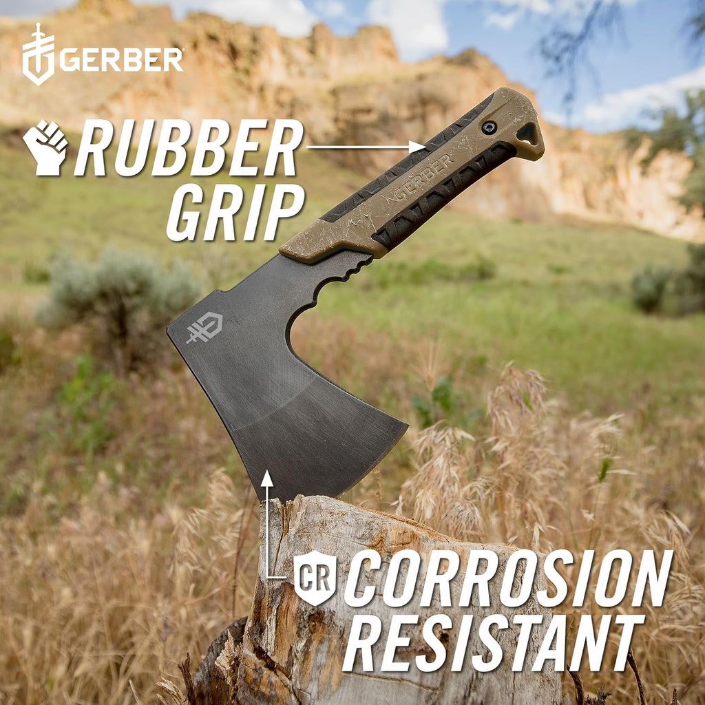 Gerber Gear Pack Hatchet - 3.5" Steel Blade Axe with Full Tang - Survival, Bushcraft and Camping Gear - with Mountable Nylon Sheath - Brown