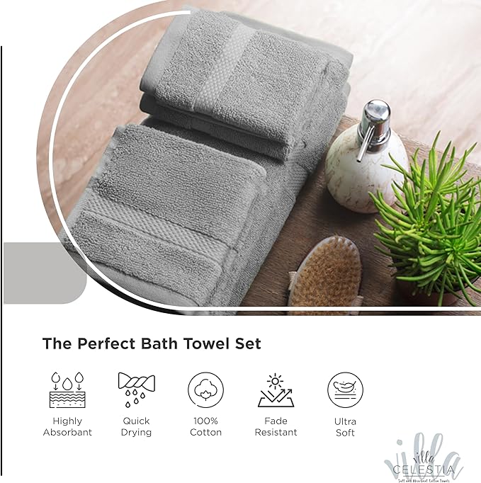 100% Combed Cotton Bathroom Towel Set of 3- 1 Bath Towel, 1 Hand Towel, 1 Wash Cloth, Sustainable, Soft, Highly Absorbent 3 Piece Cotton Bath Towel Set Ideal for Hotels, Spa, Bathroom, Dorm, Grey