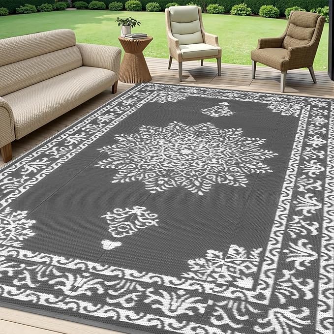 Yamaziot Outdoor Rug 6x9 Ft, Waterproof Plastic Straw Patio Rug, Reversible Backyard Carpet UV Resistant Portable RV Mat Clearance, Large Indoor Outdoor Rug for Patio, Porch, Deck, Balcony, Dark Gray