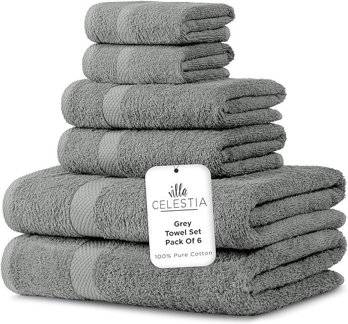 100% Combed Cotton Bathroom Towel Set of 6- 2 Bath Towels, 2 Hand Towels, 2 Wash Cloths, Sustainable, Soft, Highly Absorbent 6 Piece Cotton Bath Towel Set Ideal for Hotels, Spa, Bathroom, Dorm, Grey
