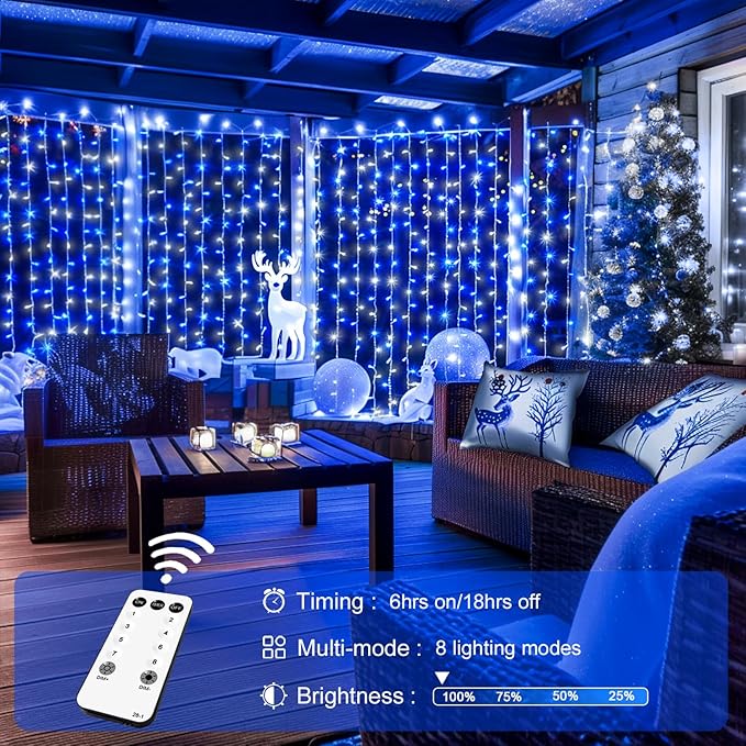 JMEXSUSS 300LED Christmas Curtain Lights Plug in with Remote, Blue and White Christmas Lights Indoor Outdoor, 8 Modes Hanging Fairy String Lights for Bedroom Window Wall Yard Patio Decor, 9.8x9.8ft