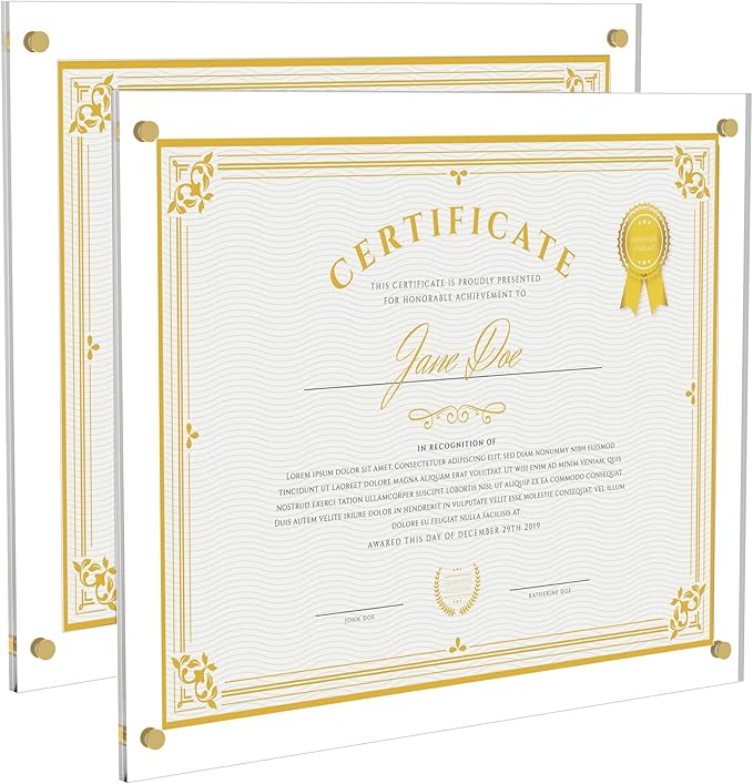 Acrylic Picture Frame for Wall, Clear Diploma Frame, No Drill Floating Frameless Photo Frame for Diploma Certificate Degree Document & Artworks Display, Graduation Gift for Students (2 Pack, 11X14 Straight edge)