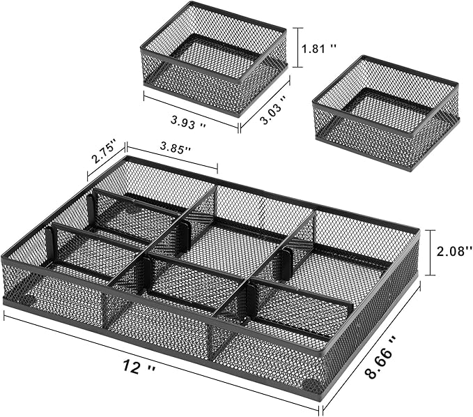 Marbrasse 3 Packs Desk Drawer Organizers, Metal Mesh Dividers Desk Drawer Organizer Tray with 9 Adjustable Compartments, Pen Organizer for Drawer Tray Box Accessories for Desktop,Kitchen, Makeup