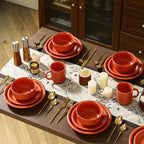 GZG Vintage Series - Ceramic Dinnerware Set for 4, 12 Pieces Stoneware Plates and Bowls Set, Lead-Free, Handcrafted Dishes Set, Microwave & Dishwasher Safe - Terracotta Red