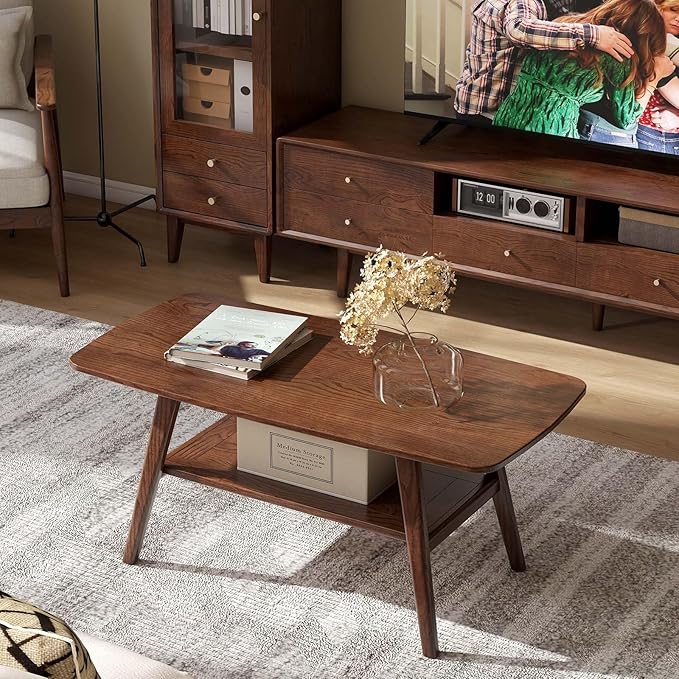 100% Solid Wood Coffee Table for Living Room, 39.37" Mid Century Modern Tables with Shelf Storage, 2-Tier Coffee Table with Rounded Corners (Oak Wood Walnut Color, 39.37" L)