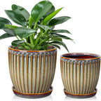Oairse Ceramic Pots for Indoor Plants, 4.9 +5.7 inch Set of 2 Brown Plant Pots with Drainage Holes and Saucers Texture Ceramic Planters Indoor Outdoor Flower Planters for Succulent