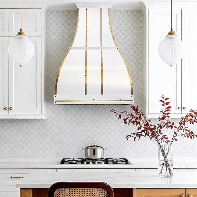 CHETTO C Stainless Steel Range Hood Cover with 4-Speed Vent Hood Insert Custom Handcrafted Metal Kitchen Fan with Towel Rack LED Light 30"W x24"D x24"H White Wall Mount