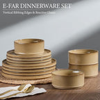 E-far 24-Piece Stoneware Dinnerware Sets, Plates and Bowls Sets for 8, Kitchen Modern Dinning Porcelain Dishes Set, Chip & Scratch Resistant, Dishwasher & Microwave Safe, Caramel Khaki