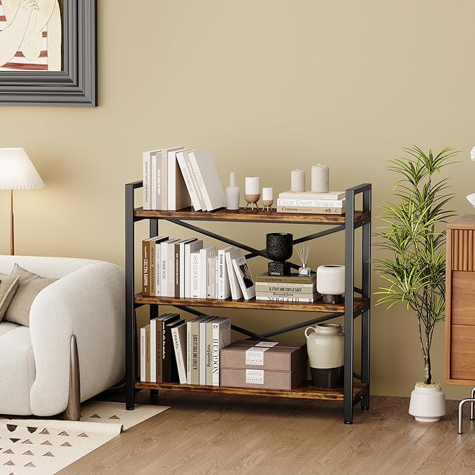 Homeiju 3 Tier Bookshelf 31.49" Width, Wood and Metal Etagere Bookcase, Vintage Farmhouse Modern Wooden Big Book Shelf for Home Living Room Bedroom Office Storage(Rustic Brown)