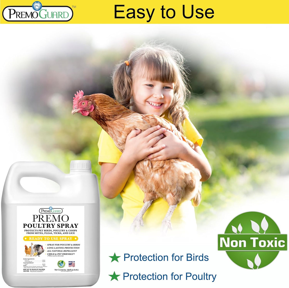 Premo Guard Poultry Spray - 128 oz - Kill Scaly Leg, Mites, Fleas, Lice, & Other Pest on Chickens and in Coops - Natural Plant Based Oils for Control, & Prevention - Family Safe with No Egg Withdrawl