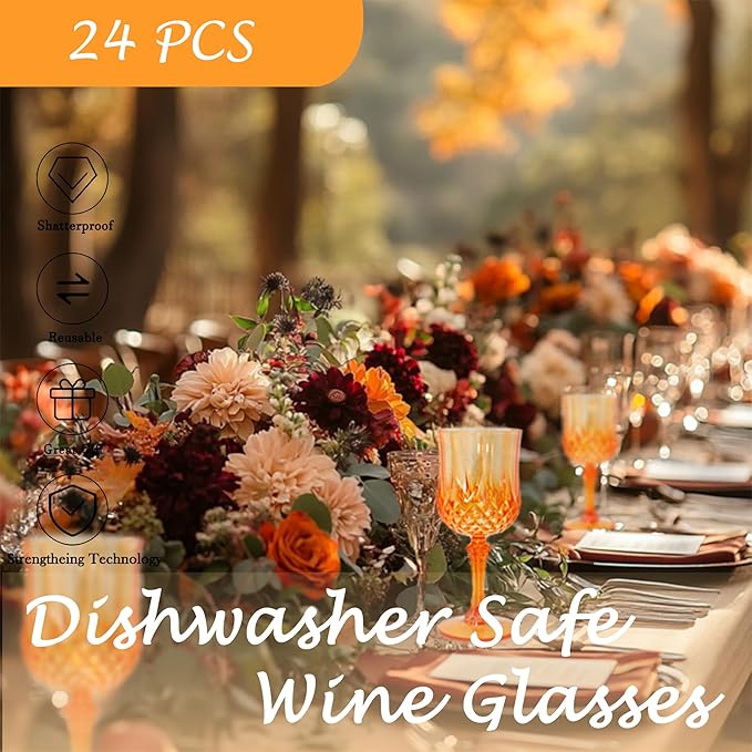 Plastic Wine Glasses，Plastic Goblets Vintage Style Cordial Drinking Glasses for Wedding Reception, Grand Event Party Supplies (24, Pumpkin orange)