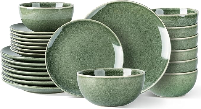 AmorArc Ceramic Dinnerware Sets for 8, 24 Pieces Handpainted Plates and Bowls Set, Scratch Resistant Stoneware Dishes Set, Dishwasher & Microwave Safe, Jade Green