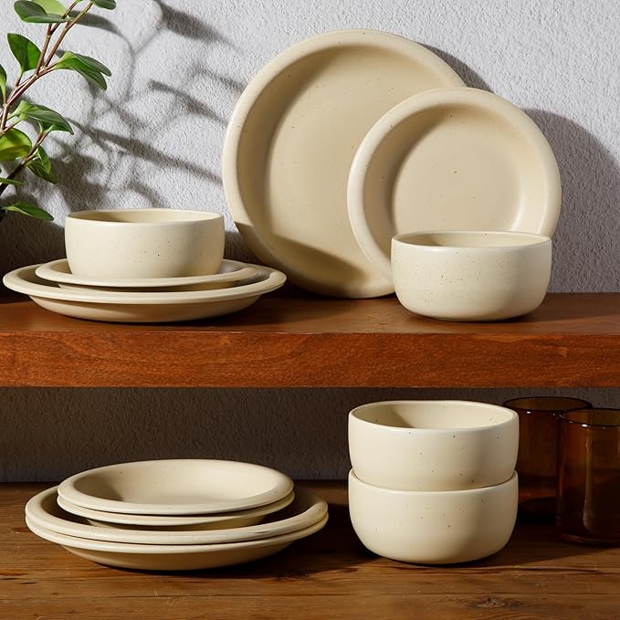 Bloomhouse Corsica Clay 12 Piece Stoneware Rustic Reactive Glaze Dinnerware Set - Stackable Plates and Bowls Set. Service for 4 - Matte Finish Cappuccino Cream