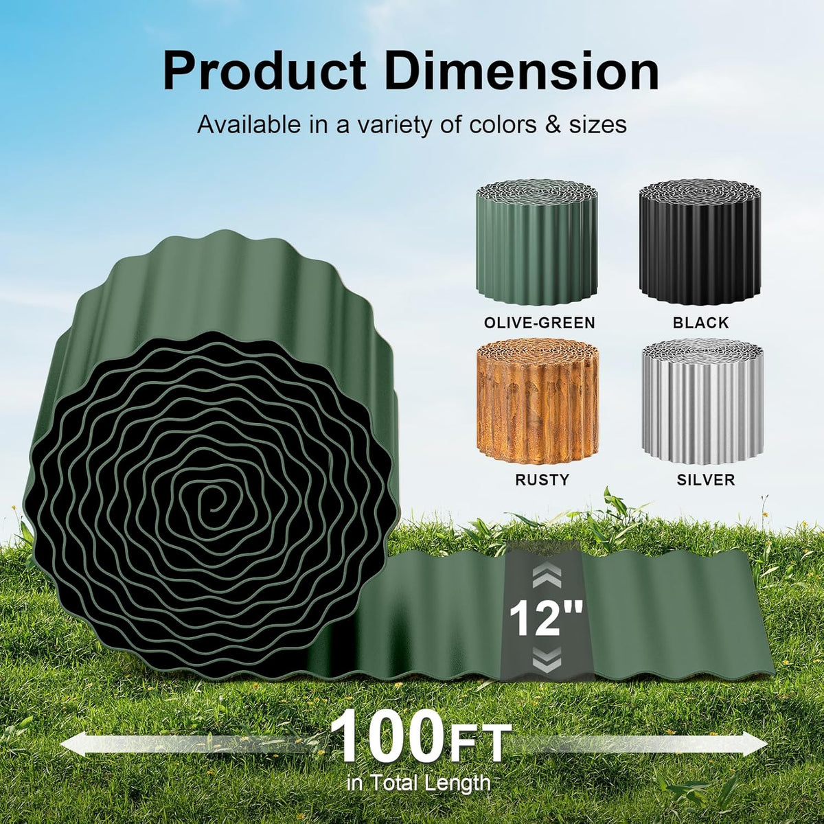 Land Guard Corrugated Metal Garden Edging, 12"×100Ft Steel Landscape Edging, Corrugated Metal Yard Edging Borders, Steel Edging for Landscaping, Garden Fence, Lawn, Flower Bed (Olive-Green)