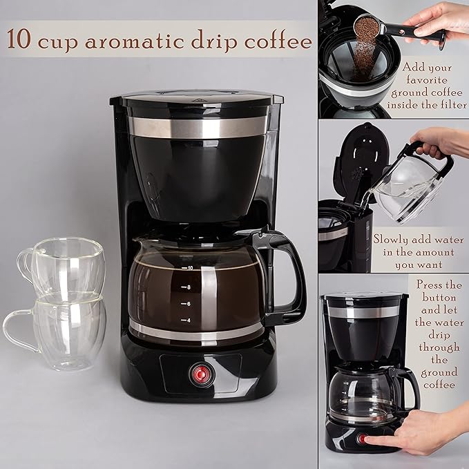 Mixpresso 10-Cup Drip Coffee Maker, Black Coffee Pot With Reusable Filter