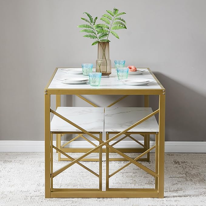 VECELO Kitchen Table with 2 Benches for 4-6,Wood Dining Room Dinette Sets with Metal Frame for Breakfast Nook and Small Space