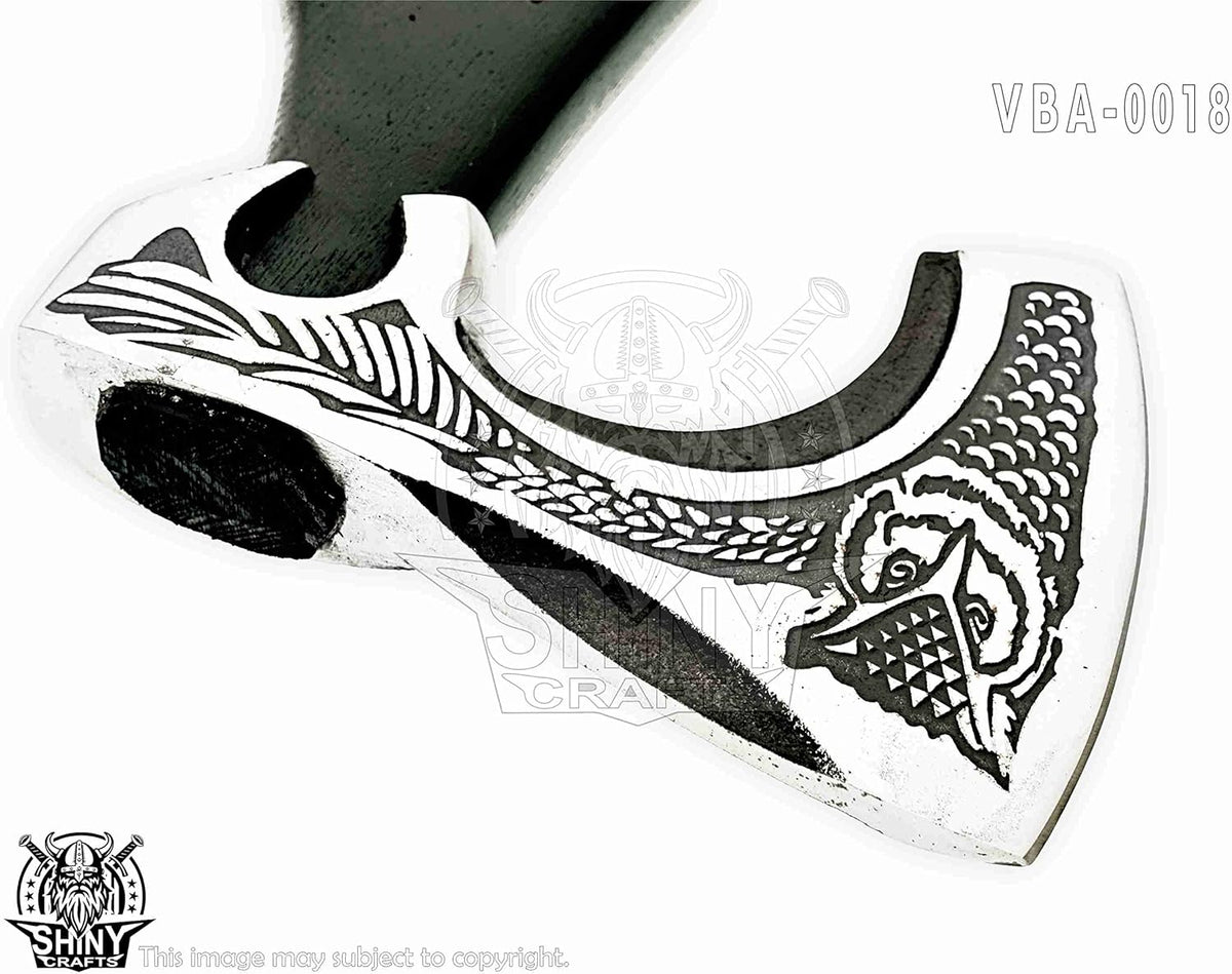 SHINY CRAFTS-Axes Handmade Viking Axe Hatchet Norse Battle Axe-with Carbon Steel Head and Black Etching Design Ashwood Handle Viking Gifts for Men with Premium Quality Leather Sheath (SCA 18)