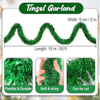 50 Feet Green Christmas Tinsel Garland, Metallic Foil Twist Banner Wall Hanging Tinsel Streamers Backdrop for Parade Floats, Christmas, Mother's Day, Birthday Party Decorations(2in x 50ft)