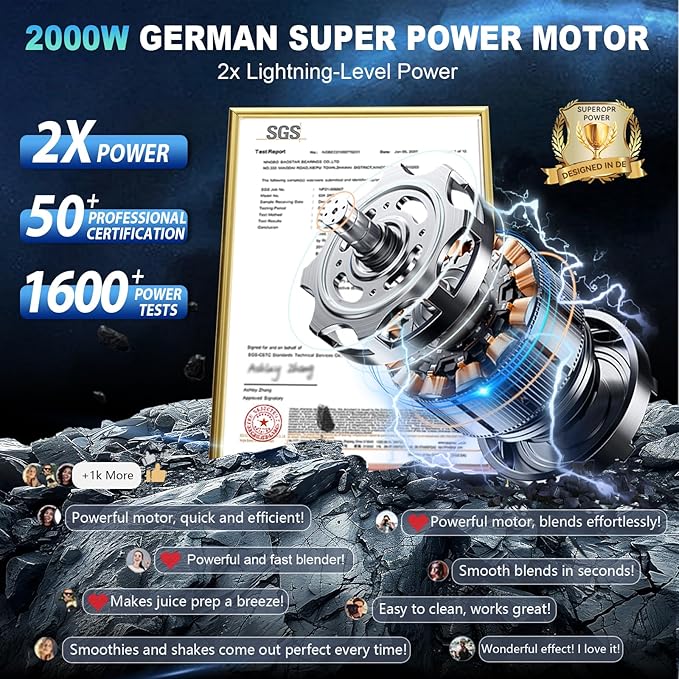2025 Enhanced -Smoothie Blender【2000W German Nano-class Super Motor】【6 Military Grade Titanium Steel Blades】6-Second Quick Ice Crushing, Professional Blender for ice Smoothies and Milkshakes (Black)