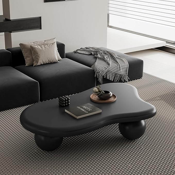 47 Inch Cloud Shaped Coffee Table with 3 Ball Legs for Living Room Black
