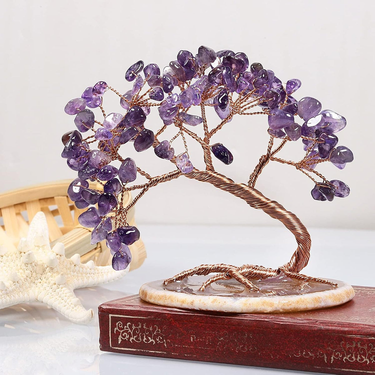 TUMBEELLUWA Reiki Crystal Money Tree with Agate Slice Base Feng Shui Stone Bonsai Tree Figure Decor for Happiness Good Luck and Wealth, Amethyst