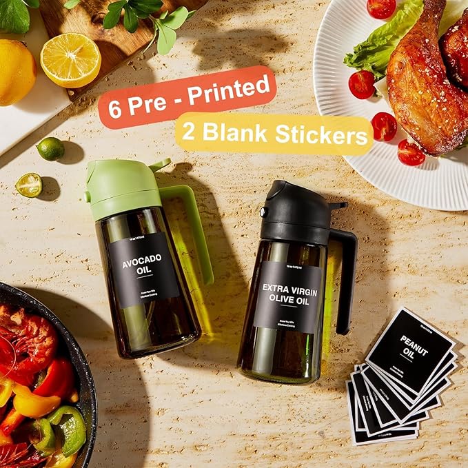 CXINYI - 16oz/470ml Olive Oil Dispenser for Kitchen with Stickers - 2 in 1 Olive Oil Sprayer for Cooking, Air Fryer, and Salad, Blue (Light-Proof Kitchen Gadget)