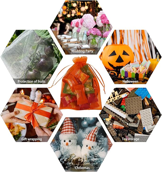 Wudygirl 100PCS 5X7 Inch Organza Bags - Jewelry, Drawstring, Sheer Organza Bags for Halloween, Christmas, Parties, Weddings, Baby Showers (Orange 5X7)