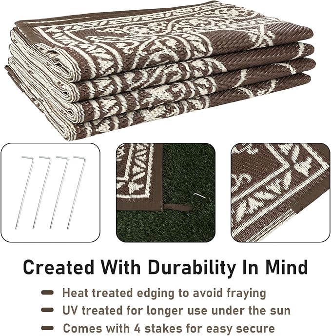 HiiARug Outdoor Patio Rugs 6x9Ft Outside Rugs Patio Waterproof Plastic Straw RV Camping Rug Reversible Mats Large Floor Mat and Rug for Patio, Backyard, Deck, Picnic, Beach, Trailer (Brown)