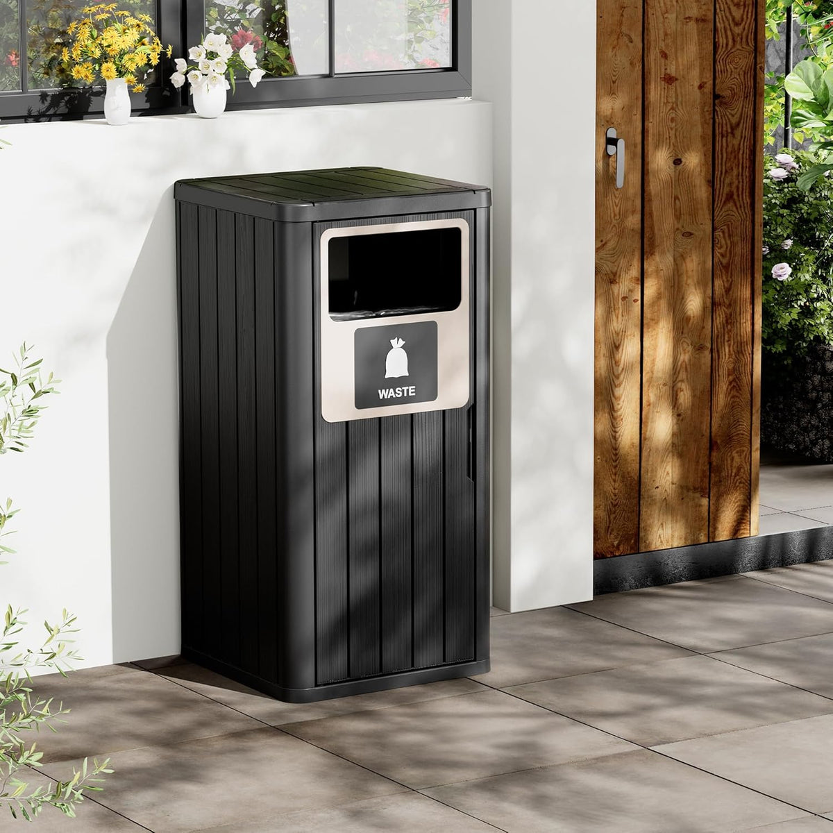 22 Gallon Outdoor Trash Can Waterproof Resin Patio Garbage Can for Outdoor Trash Bin for Patio, Garden,Black