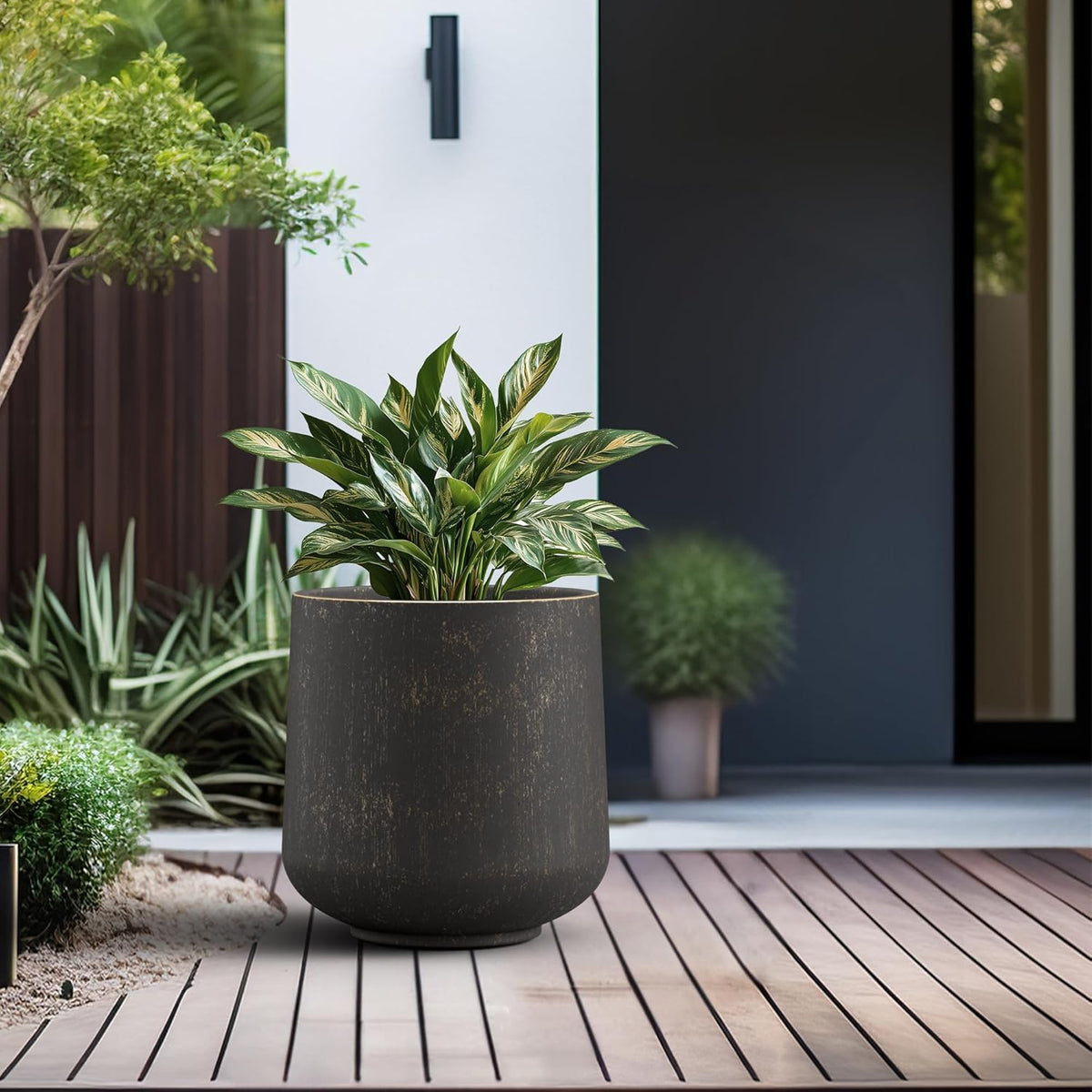 Kante 15.3" Dia Round Concrete Planter, Outdoor Indoor Large Plant Pots Containers with Drainage Hole and Rubber Plug for Home Garden Patio, Oil Rubbed Bronze