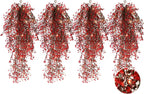 RECUTMS Artificial Hanging Fern Lighted with 30 LED Fake Hanging Ivy Vines Plastic Faux Greenery Plants for Home Wall Bedroom Garden Wedding Outside Decor Pack of 4 (Red)