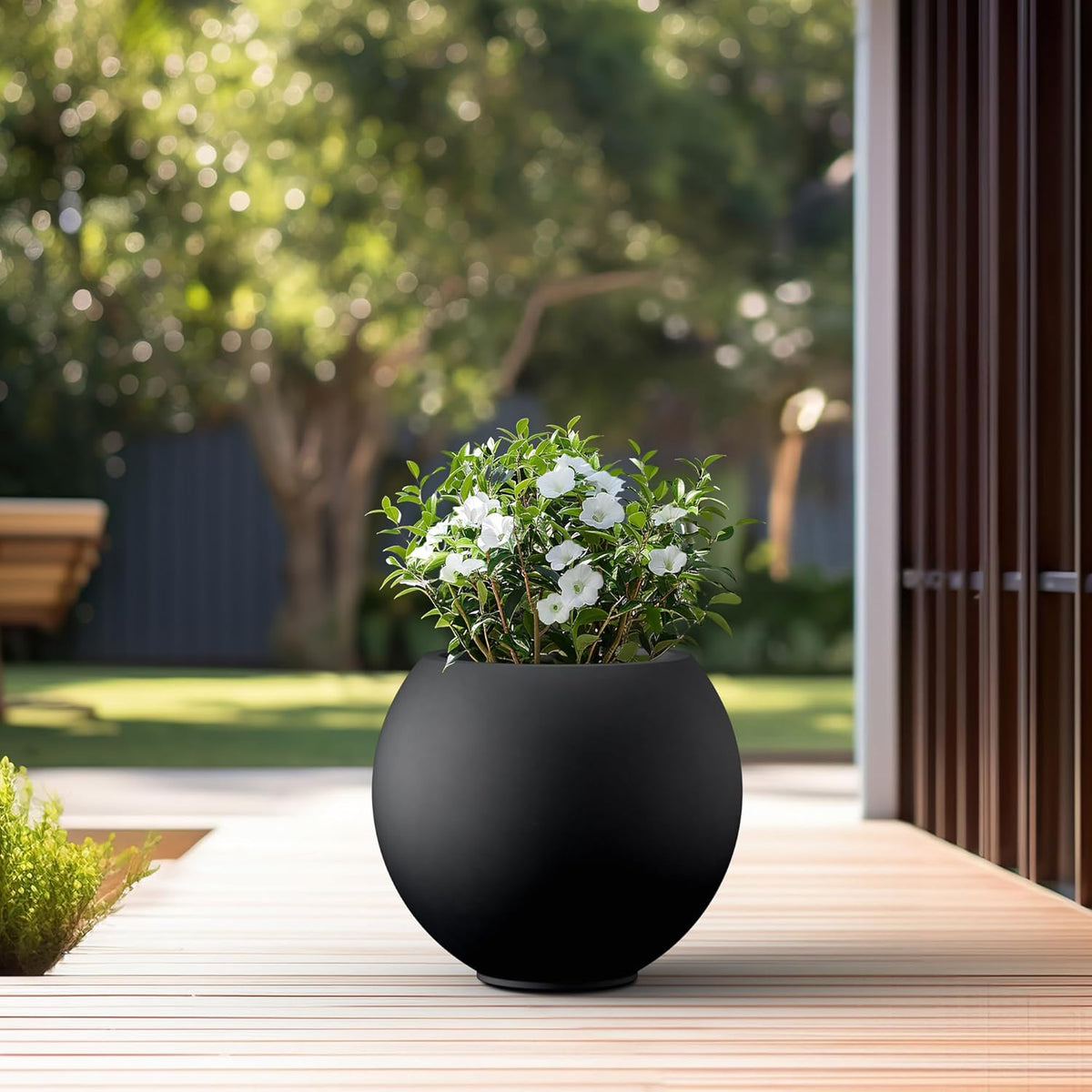 Kante Round Concrete Flower Pot, 19.3 Inch Dia (14" Opening) Sphere Shape Design Planter with Drainage Hole and Rubber Plug for Indoor & Outdoor Plants, Black Finish with Warm Brown Interior