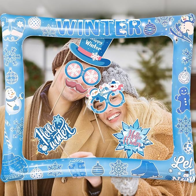 Winter Photo Booth Props Inflatable Frame, 30Pcs Winter Wonderland Photo Props with Inflatable Picture Frame Large for Frozen Holiday Party Selfie Supplies