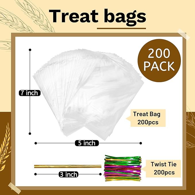 LOKIQNG Cellophane Bags Plastic Treat Bag Clear Cookie Candy Bags with Twist Ties for Party Favor Bag(200 Pack, 5x7inch)