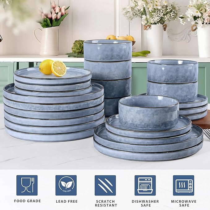 LIANYU 24 Pcs Plates and Bowls Dinnerware Sets for 8, Stoneware Dinner Dish Set, Dishware for Dessert Salad Pasta, Microwave & Dishwasher Safe, Serenity Blue