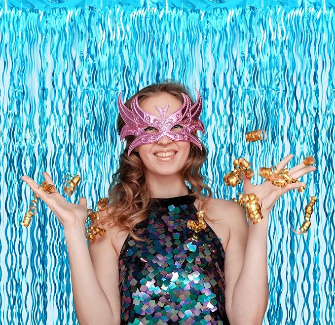 GOER 3.2 ft x 6.5 ft Metallic Tinsel Foil Fringe Curtains Party Photo Backdrop Party Streamers for Birthday,Graduation,New Year Eve Decorations Wedding Decor (1 Pack,Wavy Light Blue)