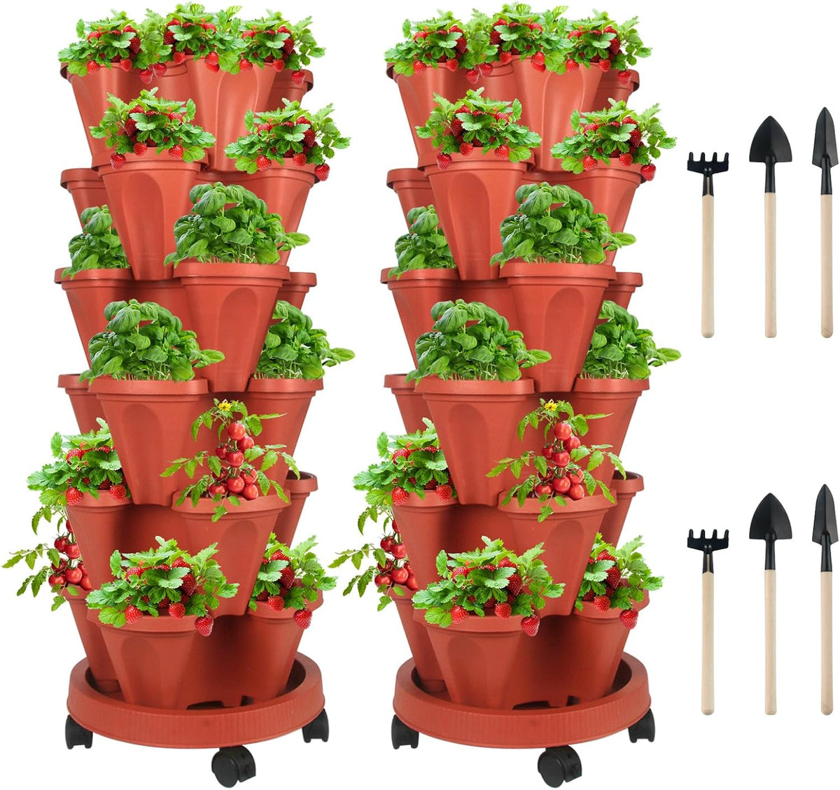 Vertical Planter 6 Tier Stackable Planters Garden Planters Strawberry Herb Flower and Vegetable Planter Indoor Outdoor Gardening Pots with Removable Wheels and Tools 2-Pack