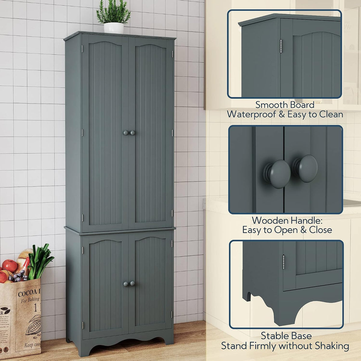 Yusong 72'' Tall Kitchen Pantry Cabinet, Freestanding Storage Cabinet with Doors and Shelves, Wooden Food Pantry Farmhouse Cupboard Buffet for Kitchen Dining Living Room, Gray