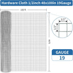 Hardware Cloth 1/2 Inch 48in X 100ft- Hot Dip Galvanized After Welding Wire Mesh Roll, 19 Gauge Chicken Wire Fencing for Garden Fencing Chicken Coop Wall Decoration Tree Guard Hardware Mesh